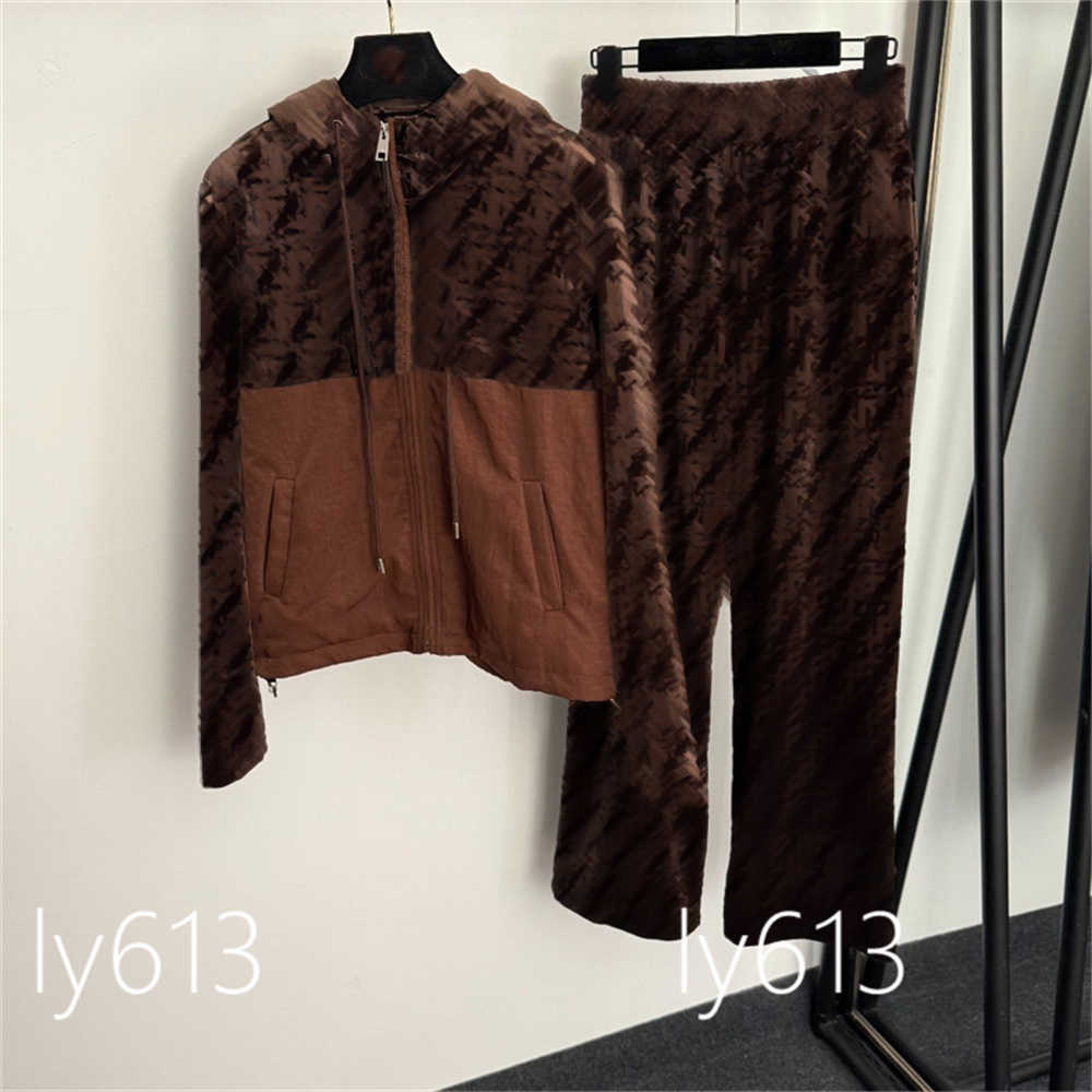 Floral designer tracksuit women F-Letter Velvet Long-Sleeve Hooded Zip-Up Jacket Elastic Waist fashion Casual Pants