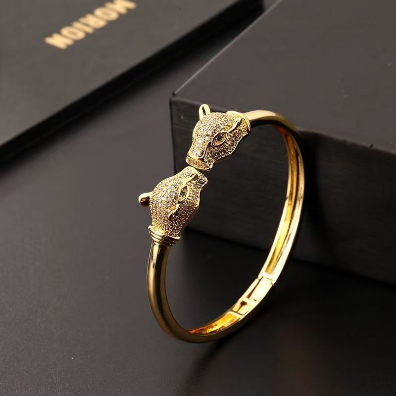 Luxury Brand Designer Jewelry European And American Leopard Open Personality Trendy Cheetah Bracelet 18K Gold Plated Micro Inlaid Zircon Hip-Hop-image-1110137484