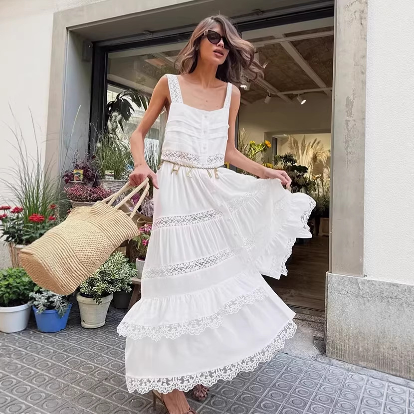 A0076 décontracté dentelle robe à bretelles femmes vacances style blanc pendule en forme de robe vêtements pour femmes