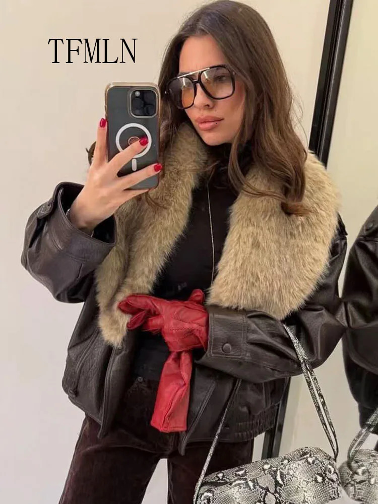Retro Women Loose Faux Leather Jacket Winter Fashion Removed Big Fur Collar Causal Coat High Street Double Breasted Outwear 251226BJ