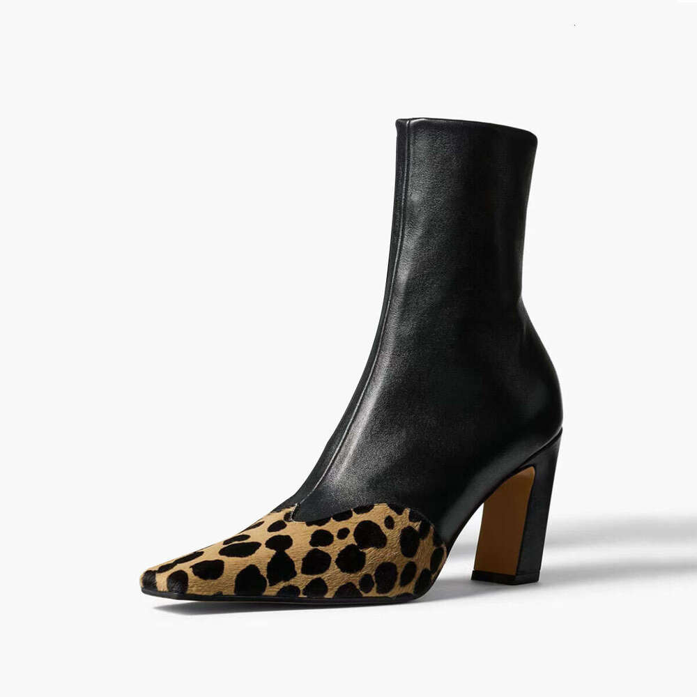 New Leopard Print Horsehair Color Block Fashion ~ Square Toe Side Zipper Chunky High Heel Short Slim Boots Plus Size