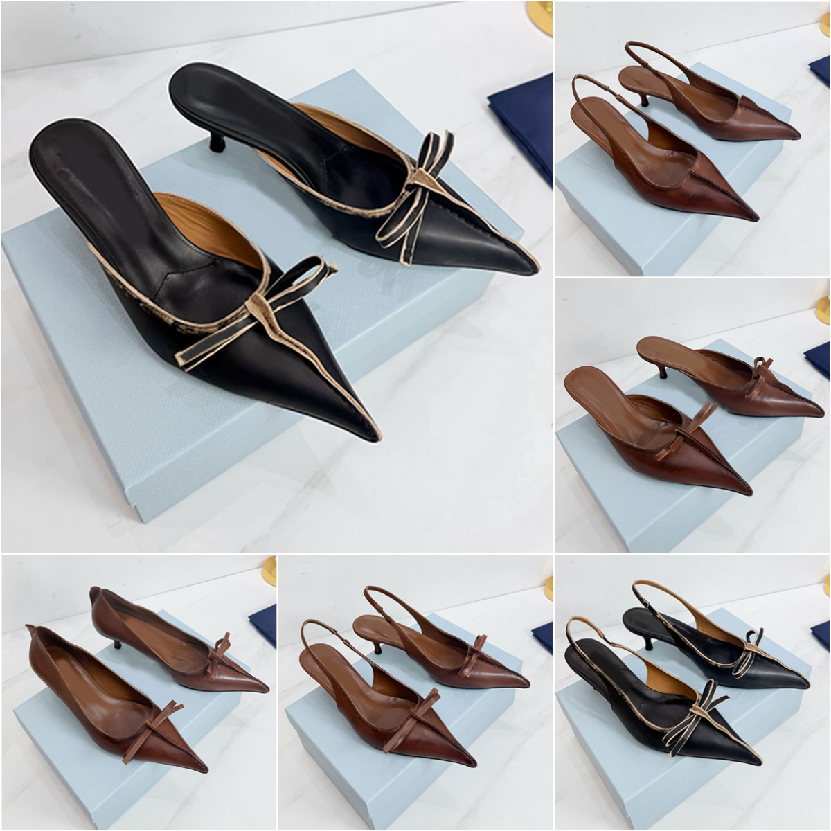 26ss new bow vintage designer shoes slingback heels shoes designer slides mules pointed toes kitten heels sandals luxury heels pumps real leather hi
