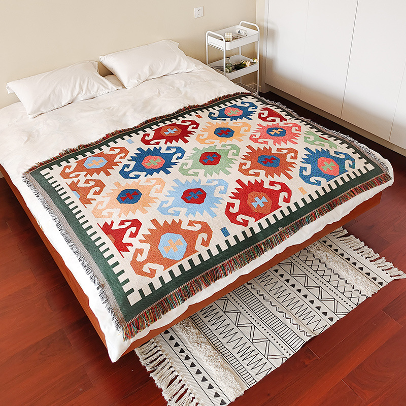 Cotton jacquard throw blanket, bed runner/decorative scarf, hotel linens, guesthouse bed flag bed scarf. W2JF01-image-1090234633