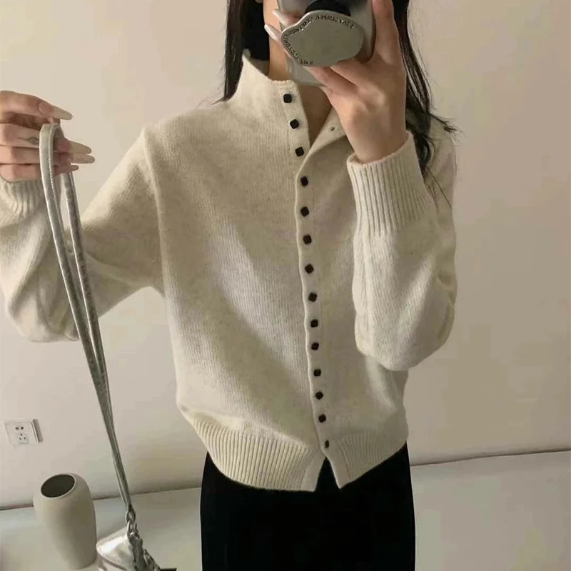 Soft Comfortable Stand-Up Collar Sweater Cardigan Women Simple Single Breasted Cardigans Coat Autumn Solid Knitted Outerwear 251226BJ