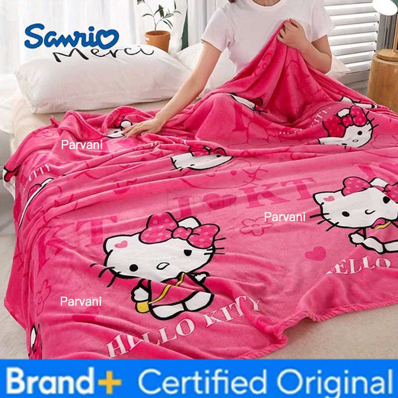 Sanrio MINISO Hello Kitty Flannel Blanket Multiple Sizes 2D Print Y2K Red Heart Bow Cartoon Flannel Throw For Office Sofa Car Cozy H251230-image-1090301935