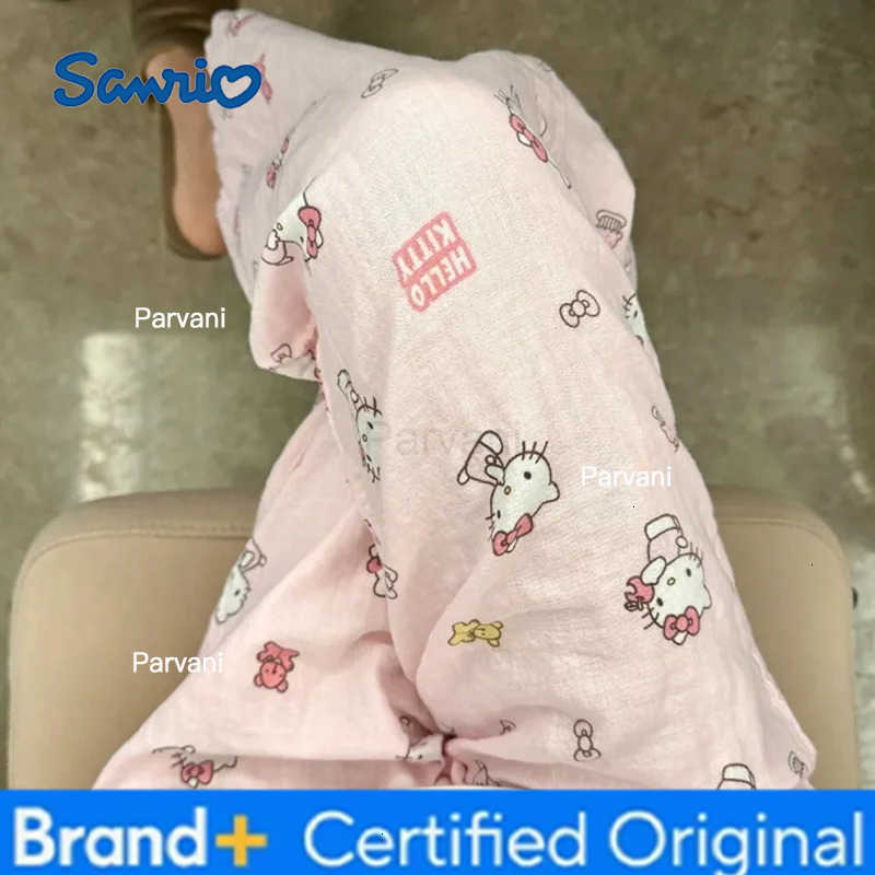 Sanrio Hello Kitty Pure Cotton Pajama Pants Wide Kawaii Kitty Leg Pants Summer Thin High Waist Casual Trousers Birthday Gifts H251230-image-1090301606