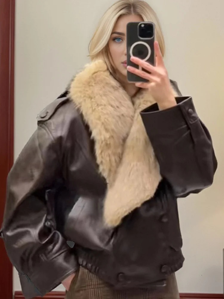 Solid Faux Fur Collar Leather Jacket Women Oversize Long Sleeve Coat Fashion Luxurious Versatile Bomber Outerwear 251226BJ