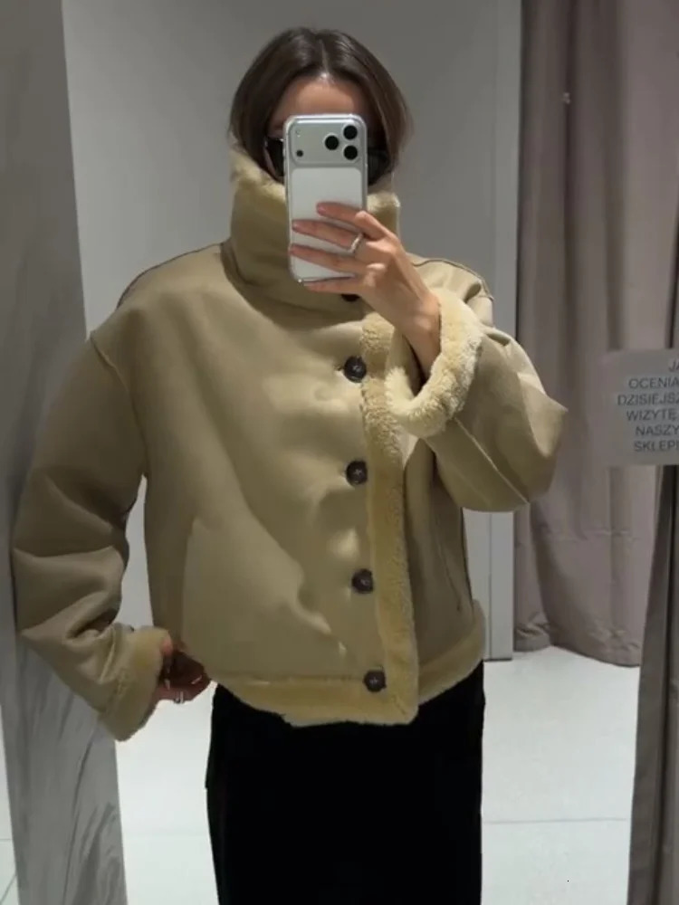 Women Solid Stand Collar Shearling Jacket Casual Full Sleeve Single Breasted Loose Short Jackets 2026 Lady Daily Commute Wear 251226