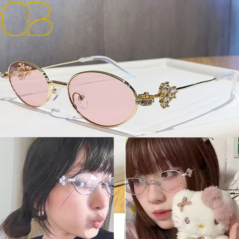 Small Oval Glasses Y2K Rhinestone Diamonds Bling Women Metal Blue Light Blocking Japanese Sunglasses Retro Trendy Designer Reading Korean,CB Fashion