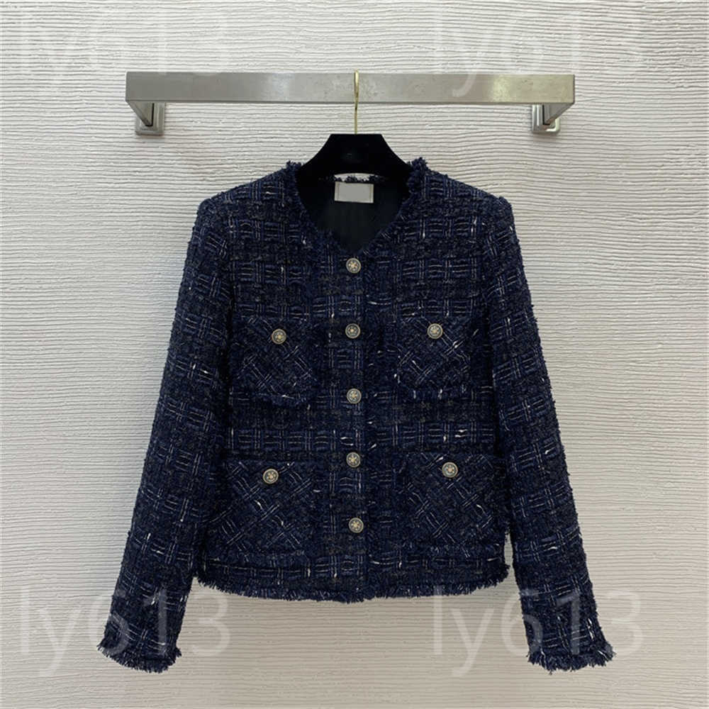 Tweed designer jacket womenWeave Checkered fabric Fringed raw edges top round neck long sleeves casual luxury jackets
