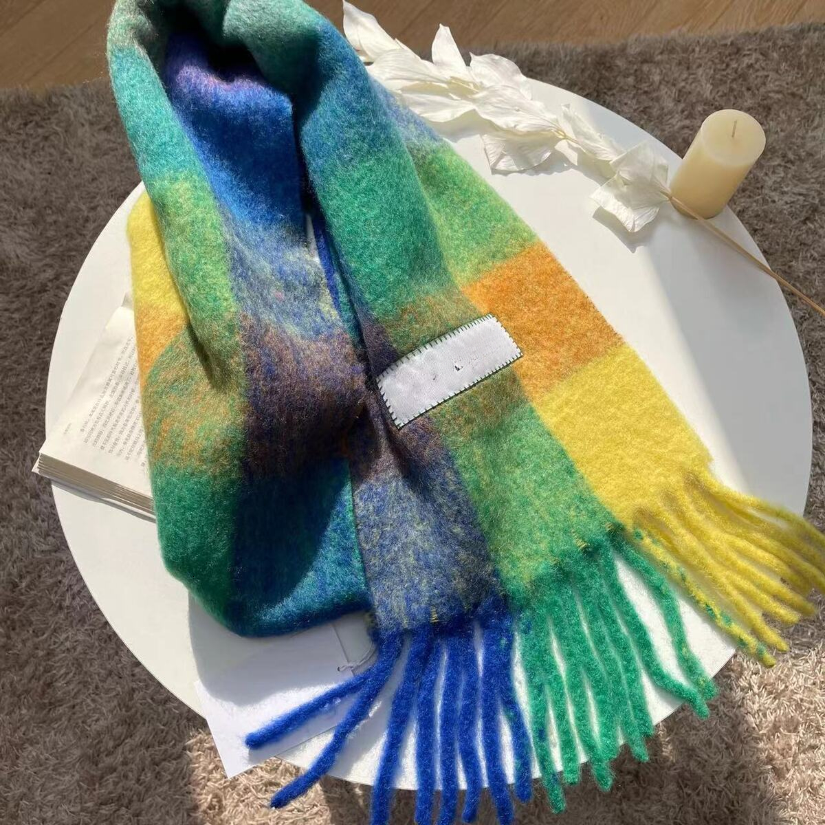 Top quality designer scarf scarves Mohair Shawl Rainbow Plaid Scarf for Women AC Autumn and Winter Plaid Wool and Mohair Shawl Thickened and Warm wi