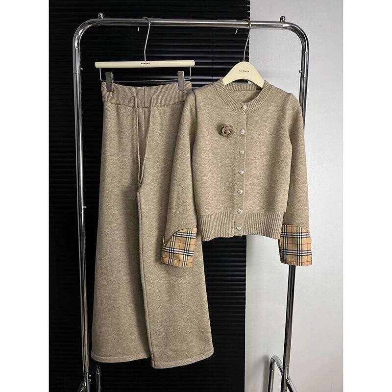 Gilet cardigan en tricot patchwork à carreaux + pantalon imprimé petite décontracté pour le quotidien
