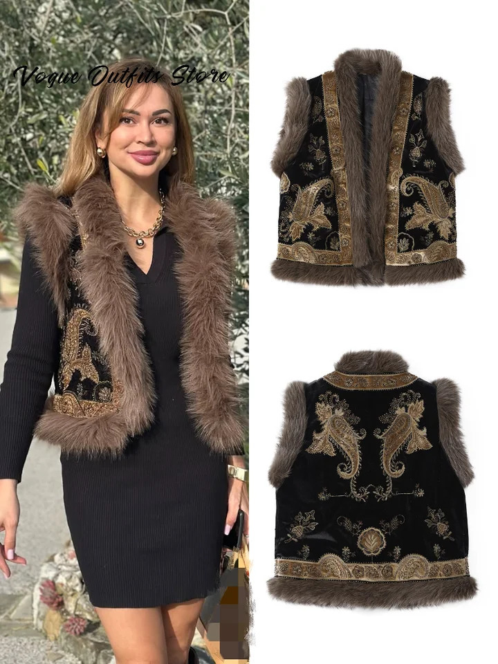 Fashion Embroidery Fur Patchwork Womens Vest Sleeveless Short Waistcoat 2026 Spring Lady Commute Vintage Vests Winter 251226