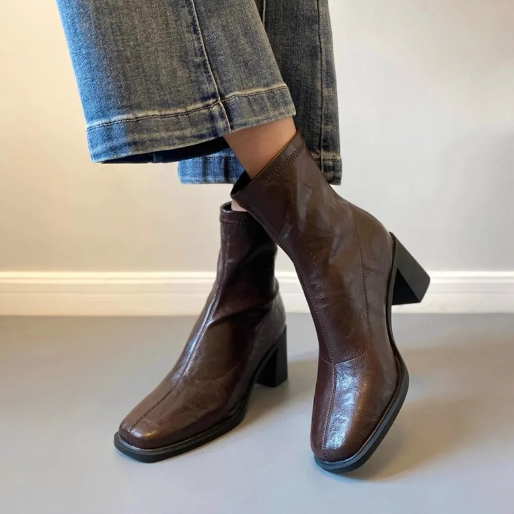 Autumn Vintage Elastic Slim Women Ankle Boots Fashion Soft Leather Shoes Ladies Elegant Thick Heel Mordern Short Booties 251230