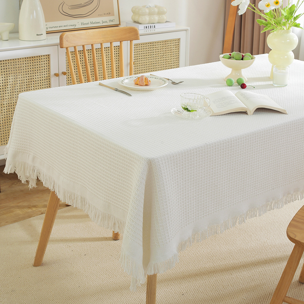 Waffle tablecloth, cotton yarn tassel, fresh and elegant decorative cloth, tablecloth, coffee table cloth, customizable.T78N01-image-1109513412