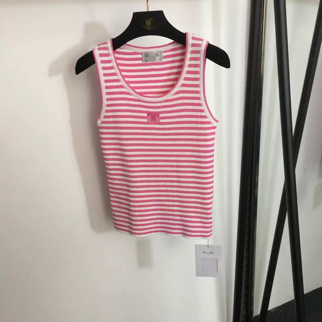 Summer women's sexy new knitted vest short-sleeved T-shirt designer striped knitted vest top for women