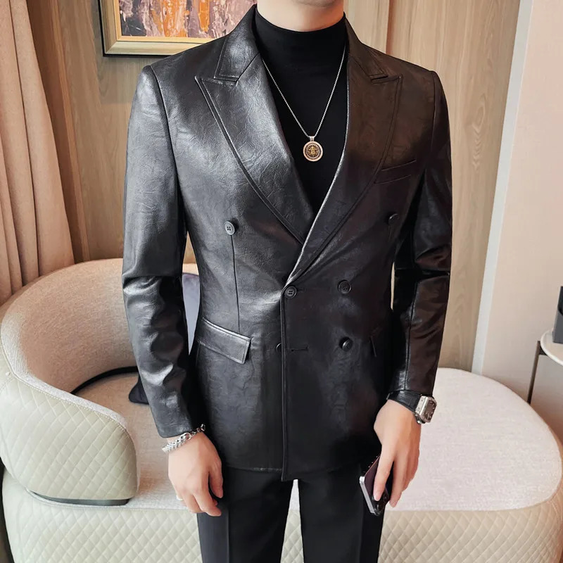 Double Breasted PU Leather Blazer Jackets Men Korean Clothing Autumn Winter Back Split Mens Suit Coats Formal Wear 250628 b2