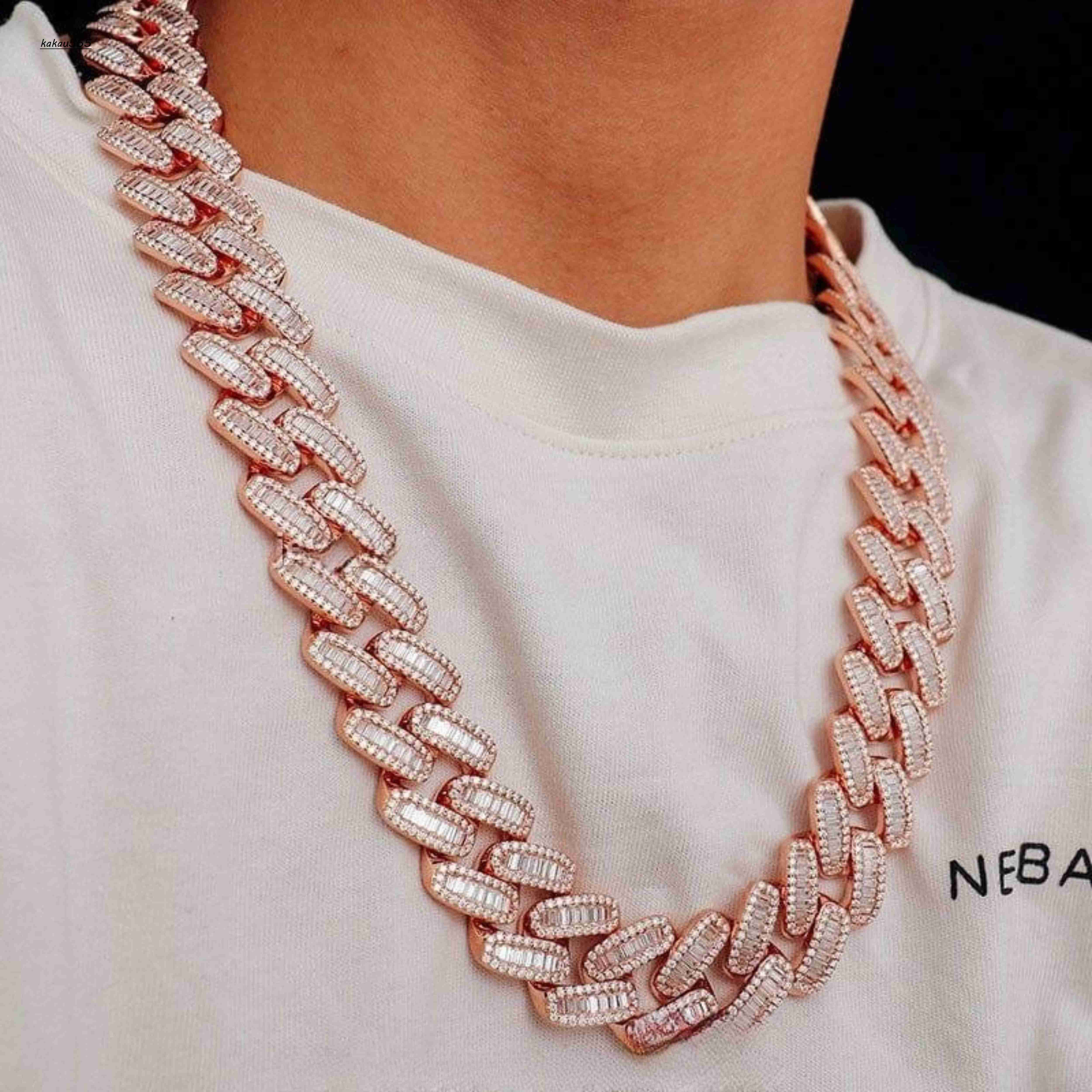 925 Sterling Silver Mens Cuban Chain with Round Baguette Cut Moissanite VVS Clarity Rose Gold Custom Design for Weddings Gift