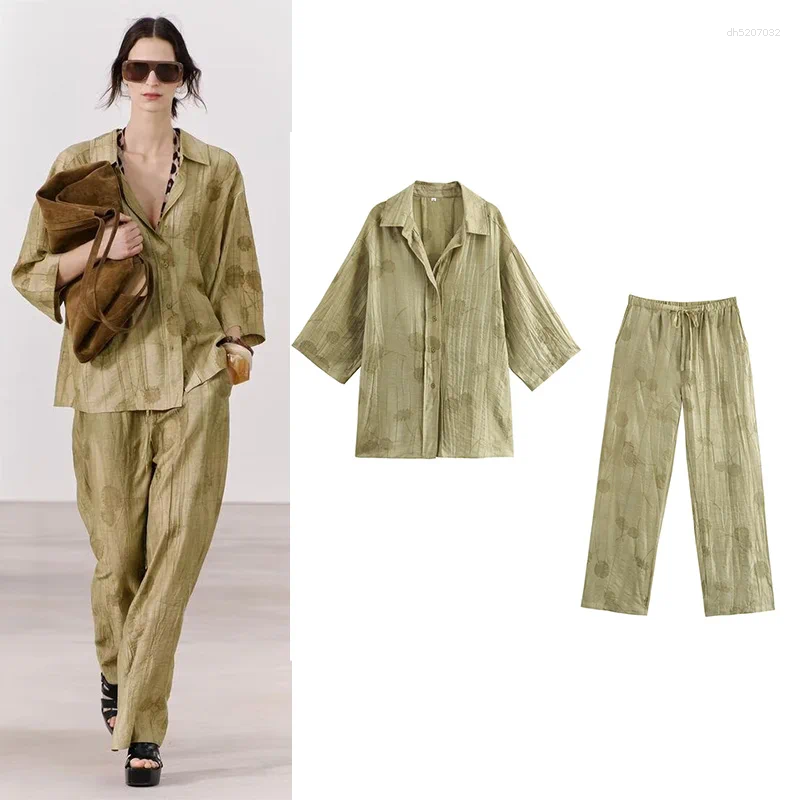 Womens Two Piece Pants Suit Women 2 Set Lapel Half Sleeve Button Jacquard Shirts Wide Leg Pant Female Outfit