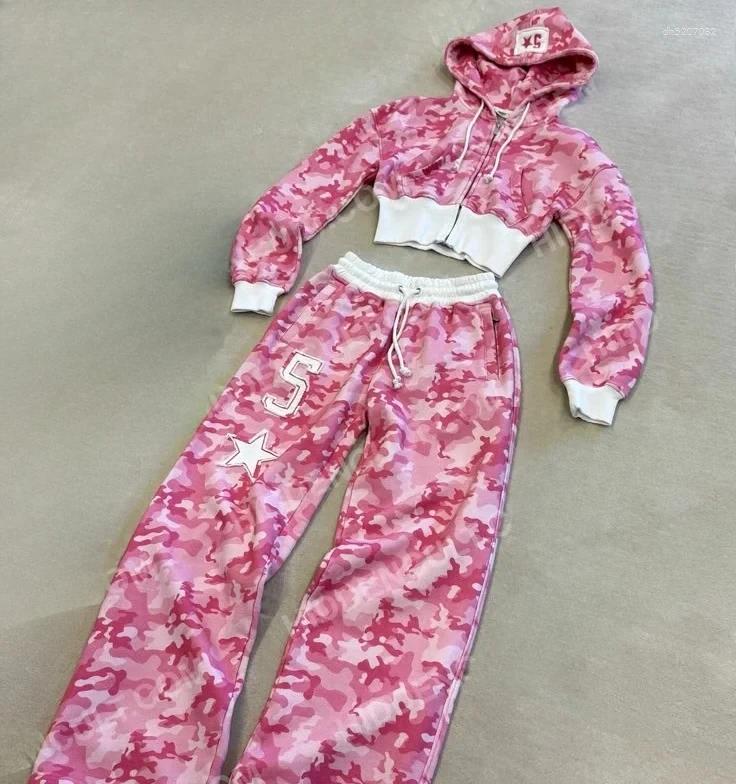 Womens Two Piece Pants Fashion Pink Letter Graphic Zipper Sportswear Clothes Casual Short Top Set Sweatshirt Loose Sport
