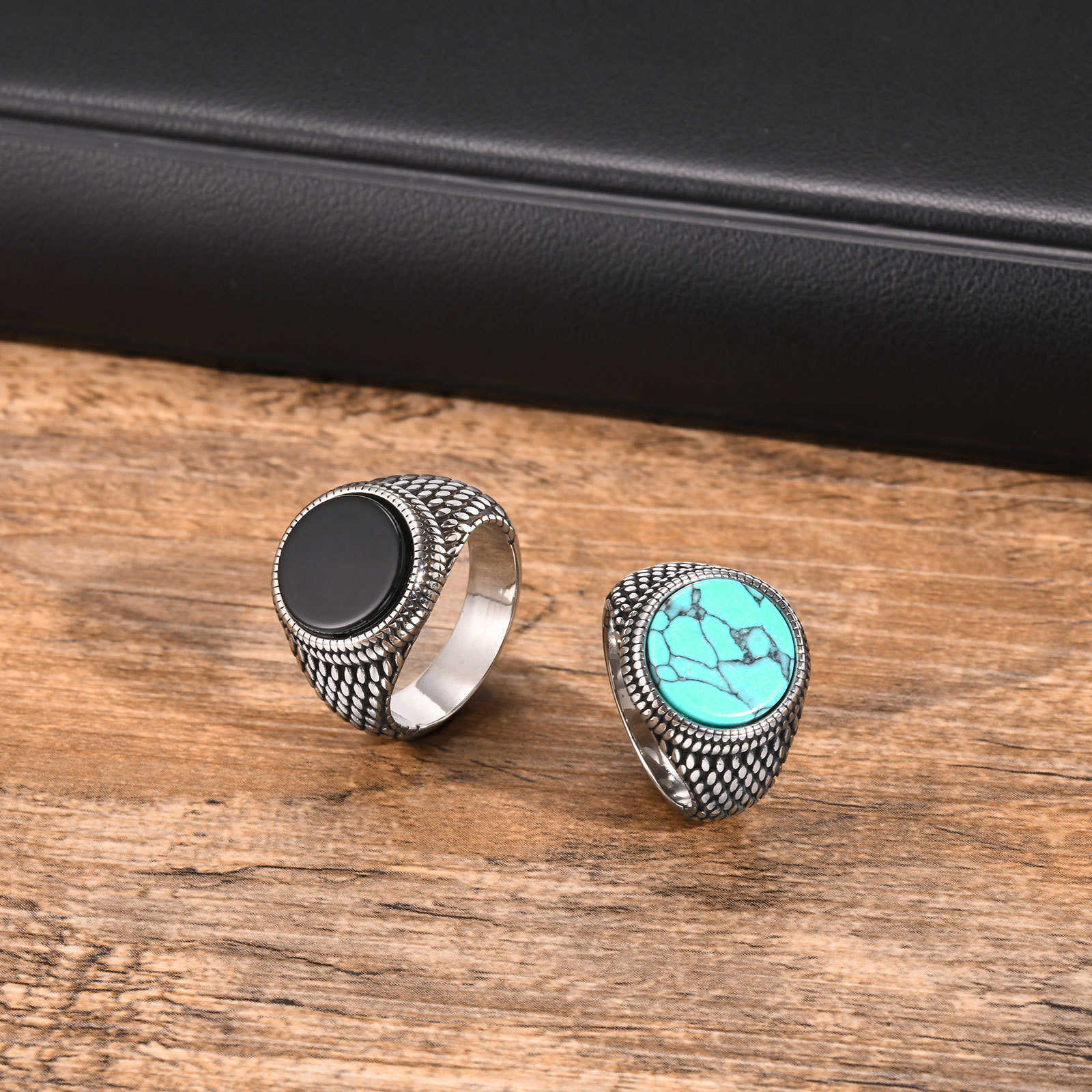 Cross-border jewelry, stainless steel, black agate, turquoise seal, men's ring, spring water stream jewelry RC-685 Z250702