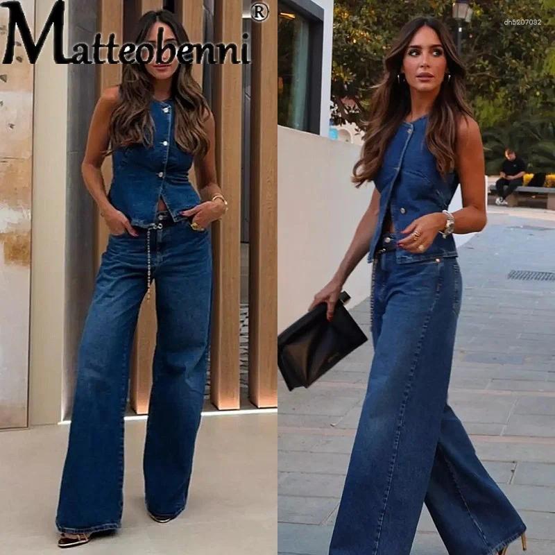 Womens Two Piece Pants Streetwear Denim 2 Sets Women Outfit Spring Summer 2025 Sleeveless Vest Top Wide Leg Jeans Set
