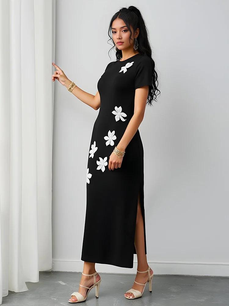 Sélectionnez la robe de femme 2025 Été Modest Mode Mode courte Coute à col rond Princer la robe de fleur de fente