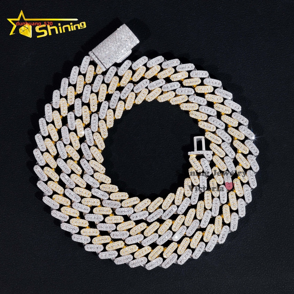 Trendy Pass Diamond Tester Charm Necklace 10MM Three Rows Two Tone Gold Plated 925 Silver Moissanite Diamond Cuban Link Chain