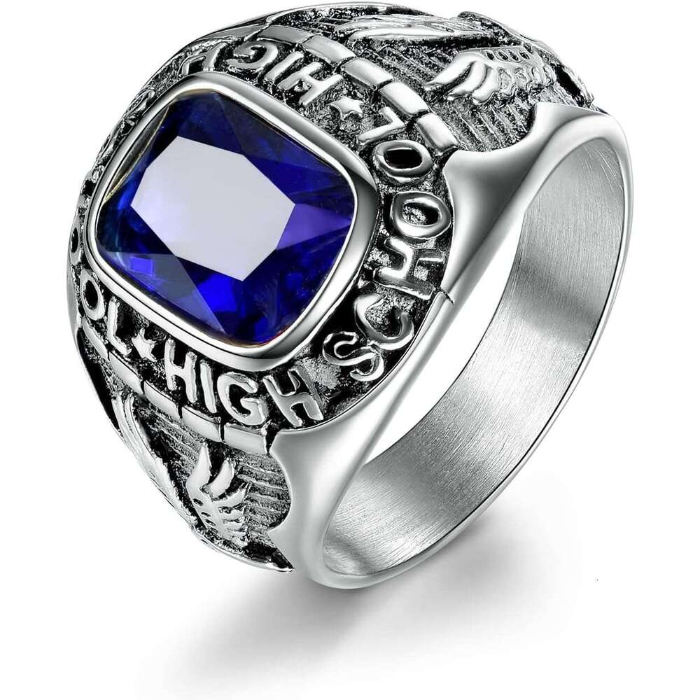 316L Steel 3 Stainless Rings for Men with Blue Stones Engraved High School Eagle Size 8 15
