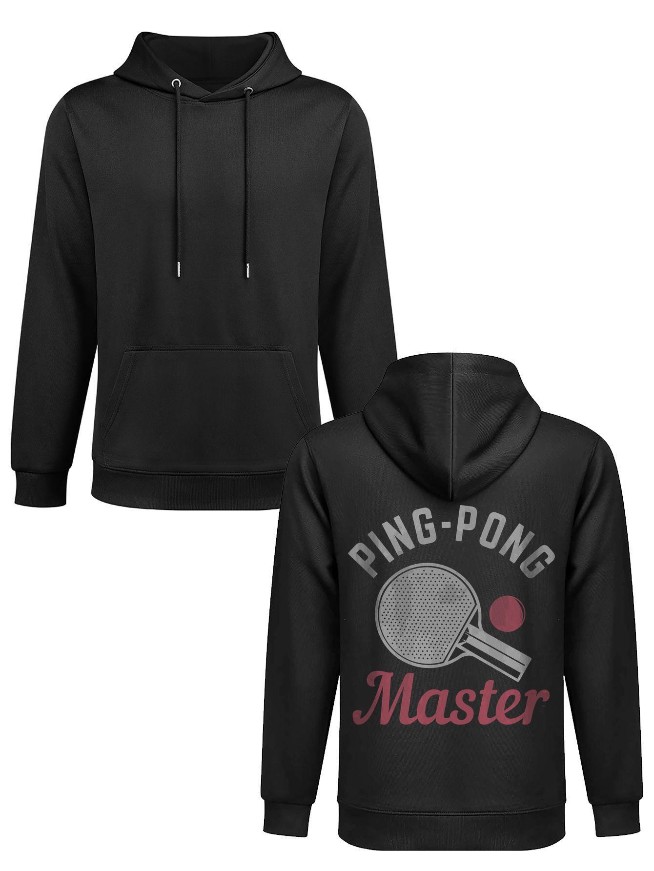 Plus Size Men's Hoodie With The Words Ping oversized hooded Master And A Tennis Racket On It Long Sleeves Black Clothing Big Sweatshirt