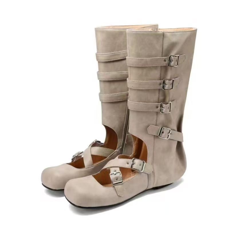 Stylish Vintage Woman Lace Up Boots Split Toe Leather Hollow Out Flat Shoes women Fashion Casual Rivet Boot Gothic Punk Rock Spring Summer Long S