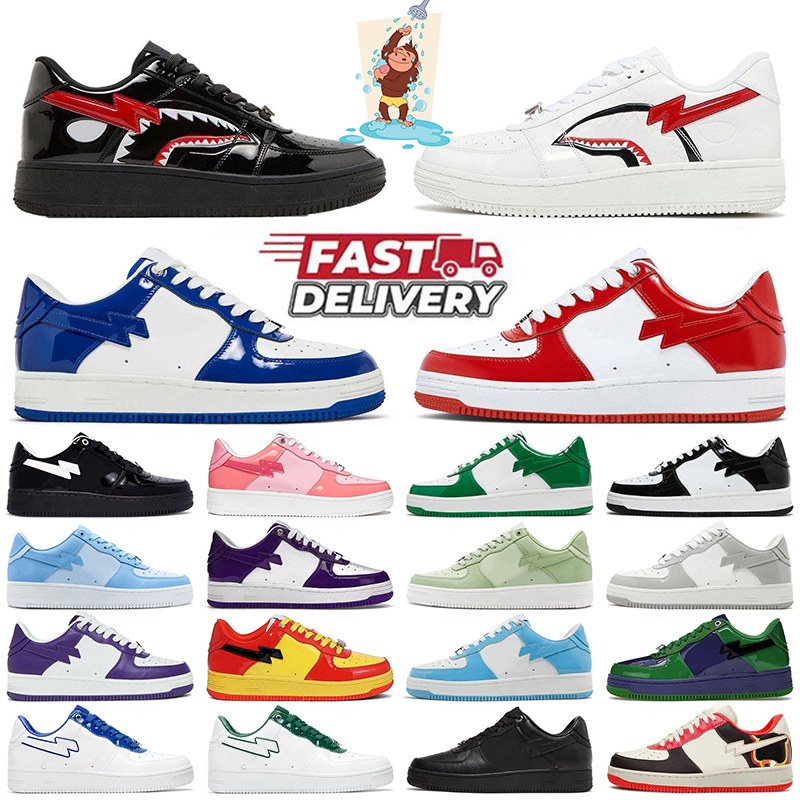 2024 Designer Chaussures Hommes Femmes Baskets Mode Cuir Verni Sneakers Noir Blanc Bleu Bébé Bleu Minuit Bleu Marine Pour Stases Basses Extérieur