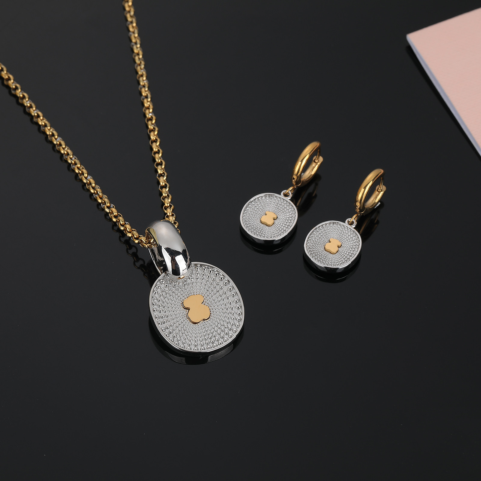 New Fashion Women Men Gold Stainless Steel Bear Cartoon Round Red Pink Blue Oil Pendant Necklace Hoop Earrings Sets Jewelry-image-1064809280