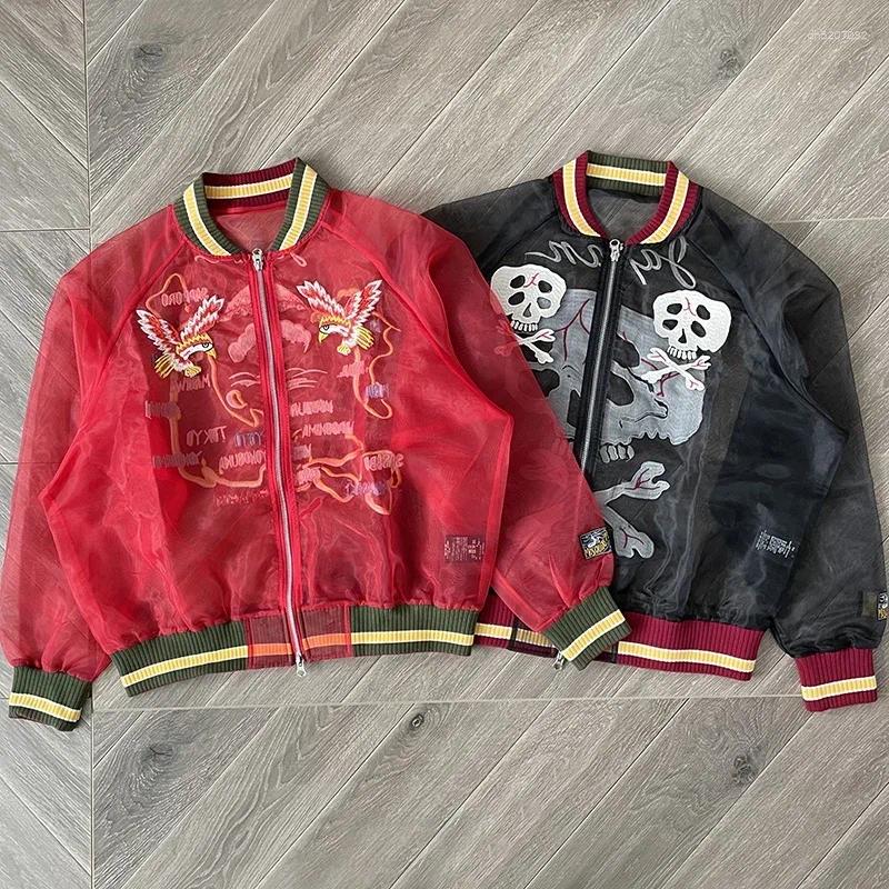 Mens Jackets Hirata Sun Translucent Silk Skull Embroidery Zipper Jacket