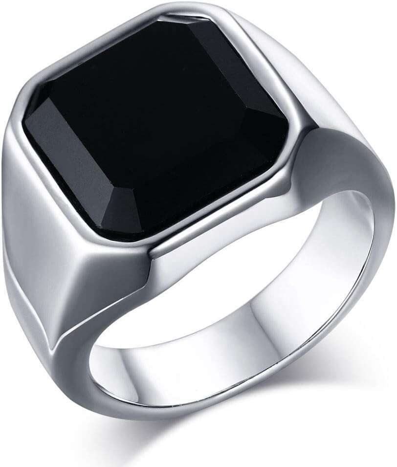 Black Onyx Mens 3 Stainless Steel Square Agate Rings Men,Pinky Thumb Band Dad Father Jewelry him,Anillos De Hombre, Men's Ring Gift for Men