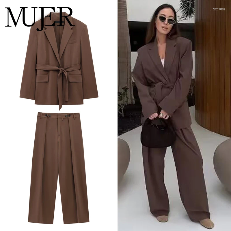 Womens Two Piece Pants MUJER Straight Blazer Set 2 Woman Wide Leg Trousers Suit Tailoring Women Outfits