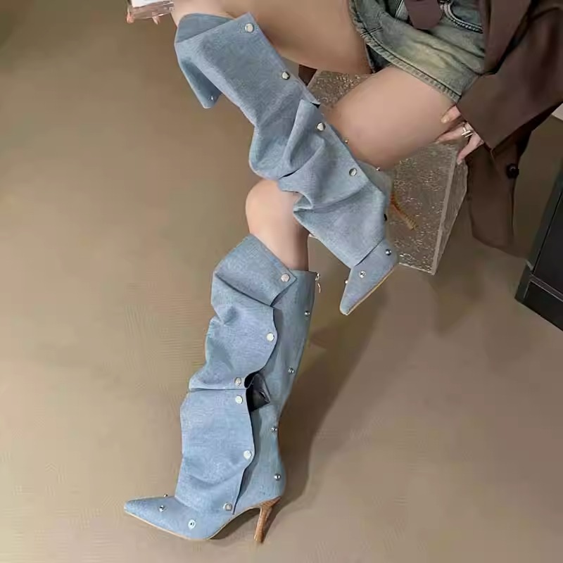 Stylish Woman Boots Pointed Toe Leather Hight Heels Shoes women Fashion Casual Rivet Boot Gothic Punk Rock Vintage Snow Winter Autumn Classic Long S