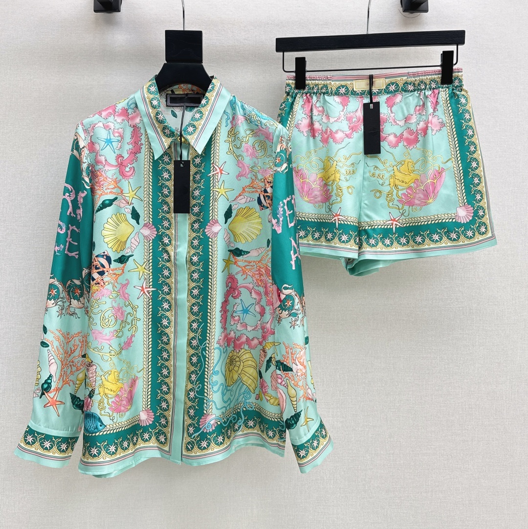 Fashion Two Piece Dress European and American Vintage Style Long Sleeve Loose Fit Single breasted Printed Shirt Two Piece High Waist Wide Leg Shorts