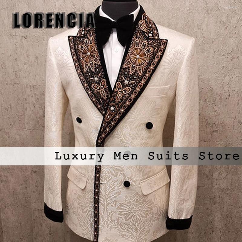 Mens Suits Elegant Jacquard Men 2 Pieces Double Breasted Beading Wedding Groom Tuxedos Customized Blazer Pants Costume Homme Luxe