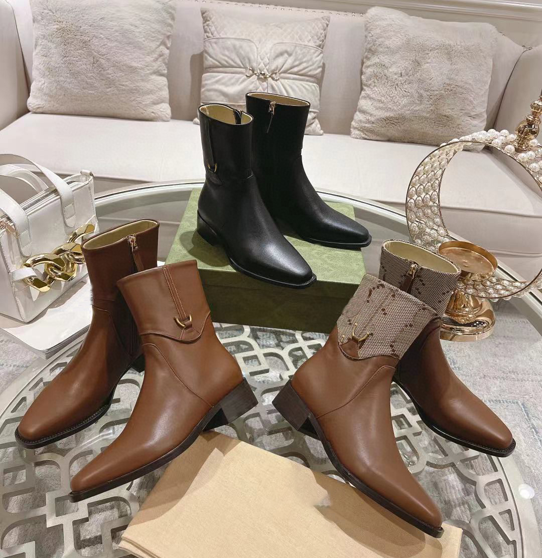 Designer Shoes Luxury Calfskin Leather Fashion Women Boots Chunky Heel Pointed Toes Zip Martin Boots SIZE35-42