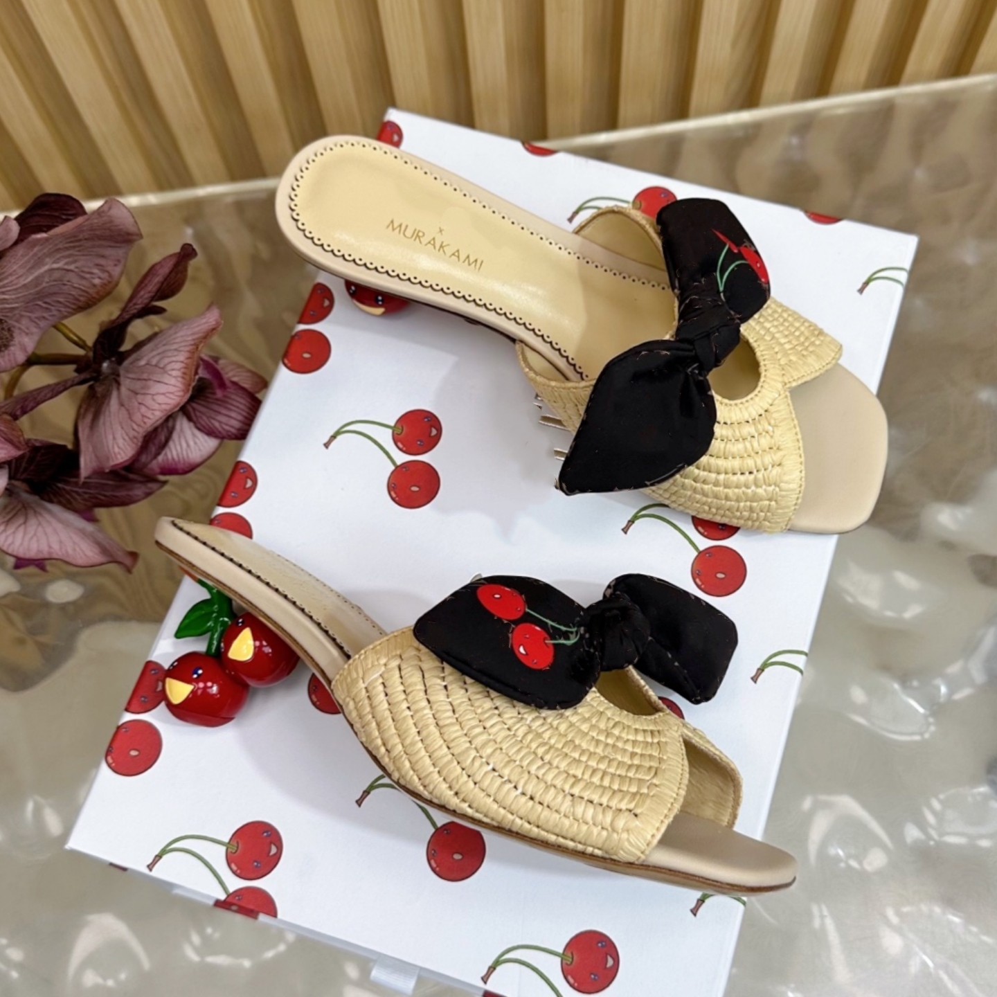 Womens High heels slippers Wedge Designer cherry Sandals 6am mule Platform sandale heel Luxury murakami Pink Ballet Sliders leather Denim slingback