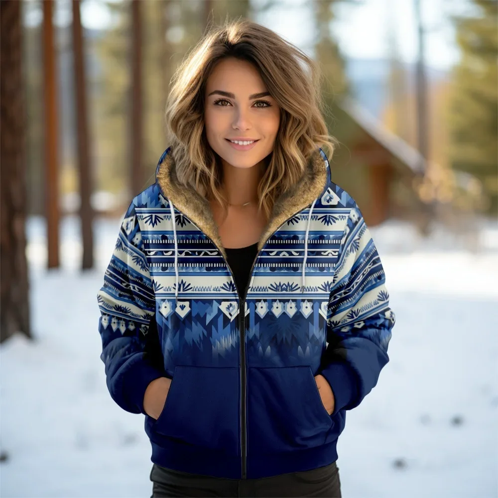 Women Coats Aztecs Bears Graphics Printed Jackets Cardigans Outdoors Plush Thick Winter Warm Casual Streetwear Female Clothing