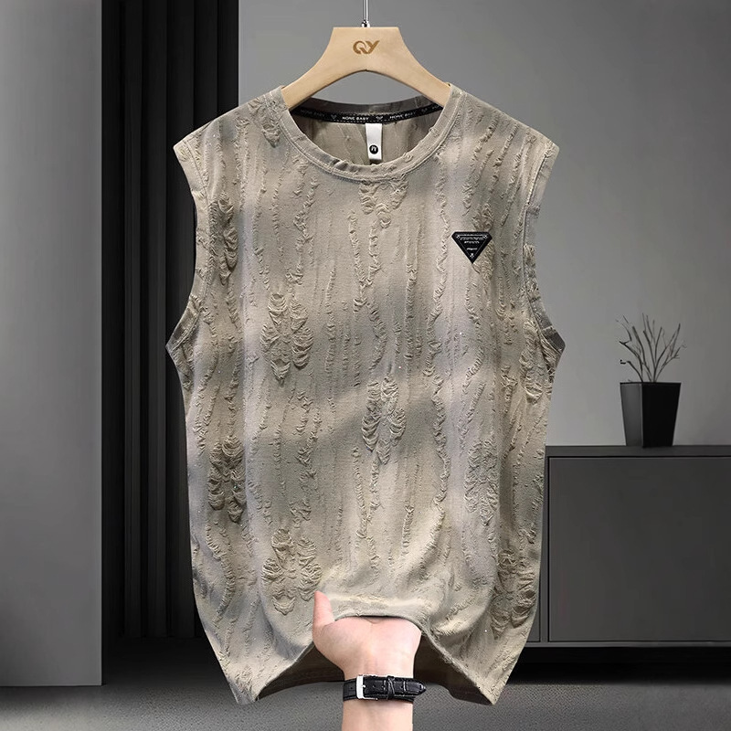 New Summer T-shirt For Designer Short Sleeves Men Trendy Versatile Loose Sleeveless Tee Round Neck Casual Distressed Tank Top