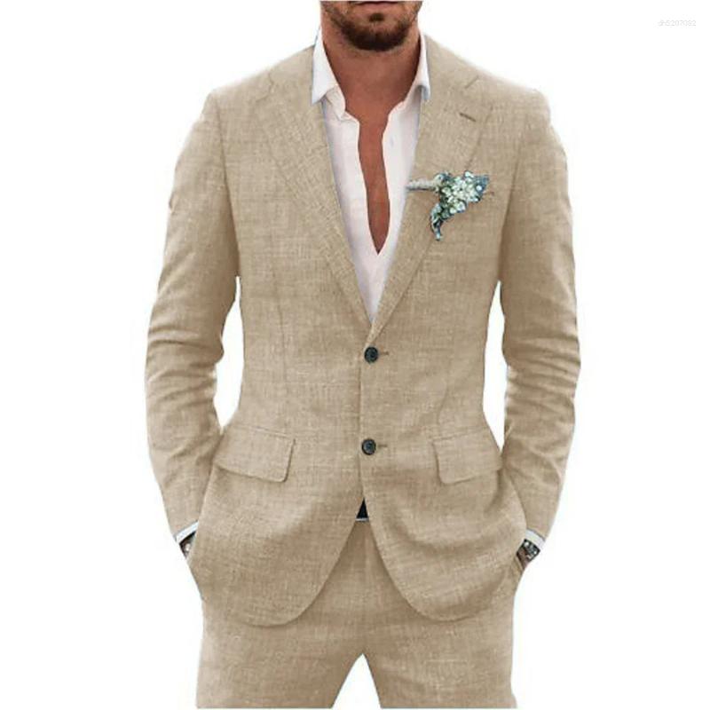 Men's Suits High Quality Linen For Men Two Piece Formal Notch Lapel Single Breasted Male Suit Beach Casual Elegant Wedding Tuxedo
