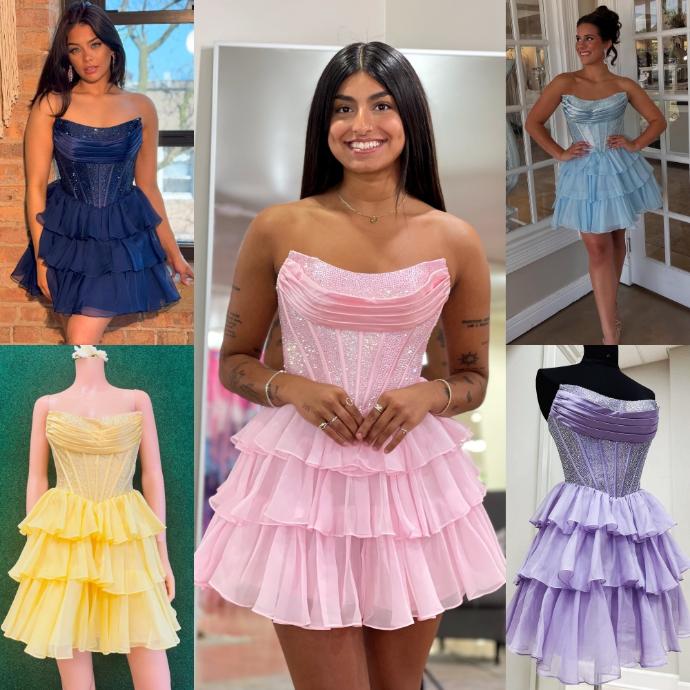 Corset Ruffled Homecoming Dress AB Crystal Royal Blue Navy Pink Mini Cocktail Club Semi Formal Bachelor Party Black-Tie Graduation Pageant Interview
