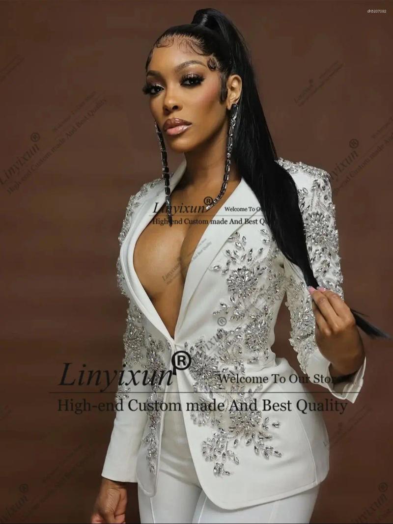 Mens Suits Gorgeous Women 2 Piece Beads Diamond High Quality Jacket Pants Peaked Notch Lapel Blazer Set Office Lady Female Clothing