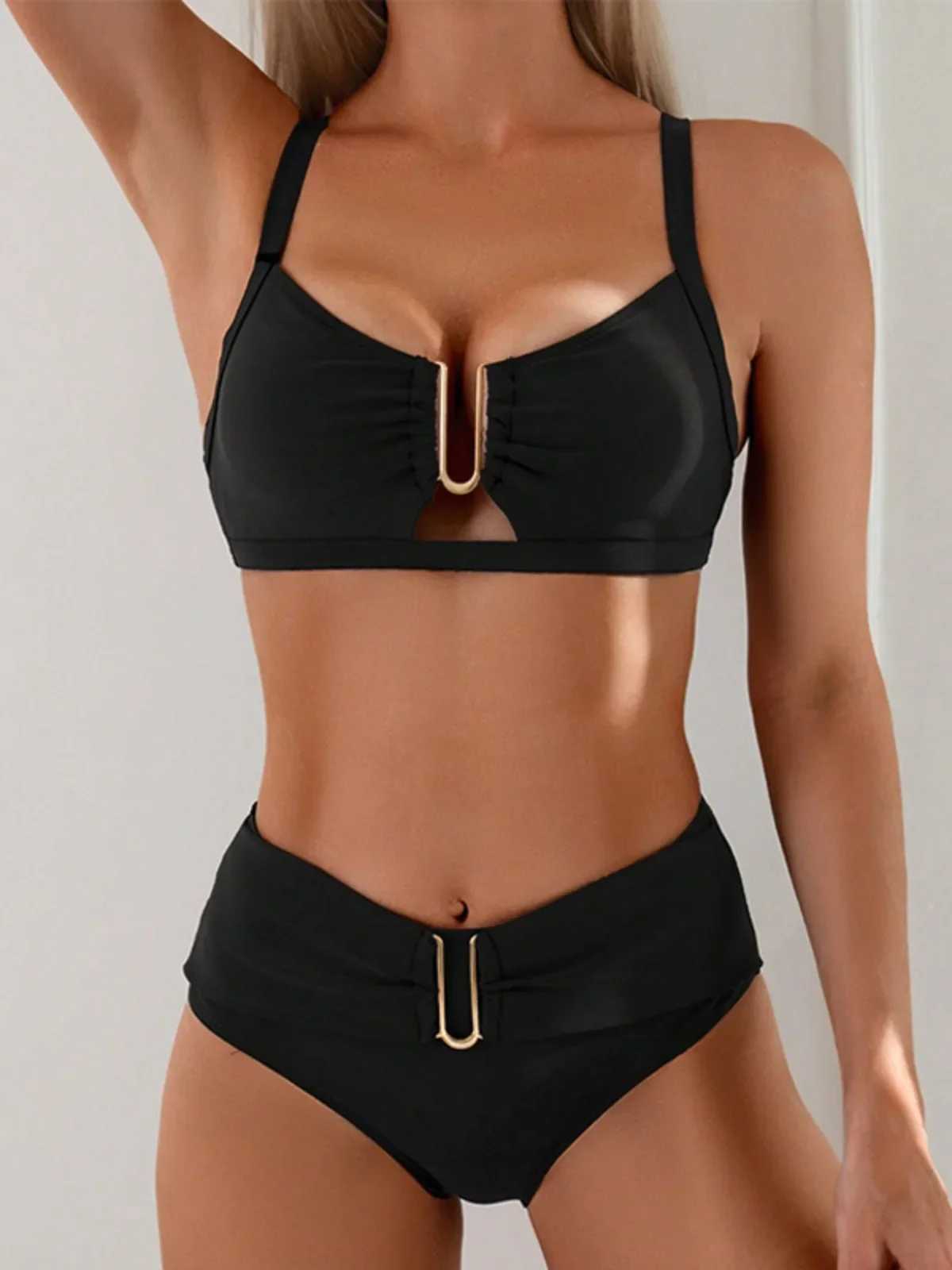 Solid Color High Waist Two Piece Swimsuit for Women U-neck Suspender Backless Bikini Set Beach Vacation Bathing Suit 2025 NewXJ250704-image-1065081719