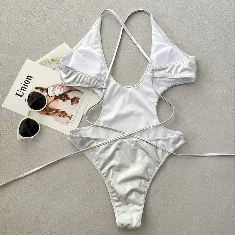 sexy metallic silver swimsuit one piece hollow backless tie Bikinis Swimwear Swimsuits beach outfits bodysuit tankini XJ250704-image-1065082407