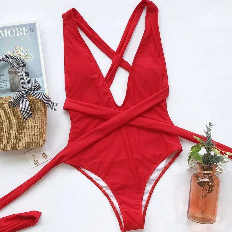 Solid Bandage One Piece Swimsuit Women Sexy Deep V Neck Hollow Out Backless Thong Swimwear 2025 New High Cut Bathing Suit XJ250704-image-1065082271