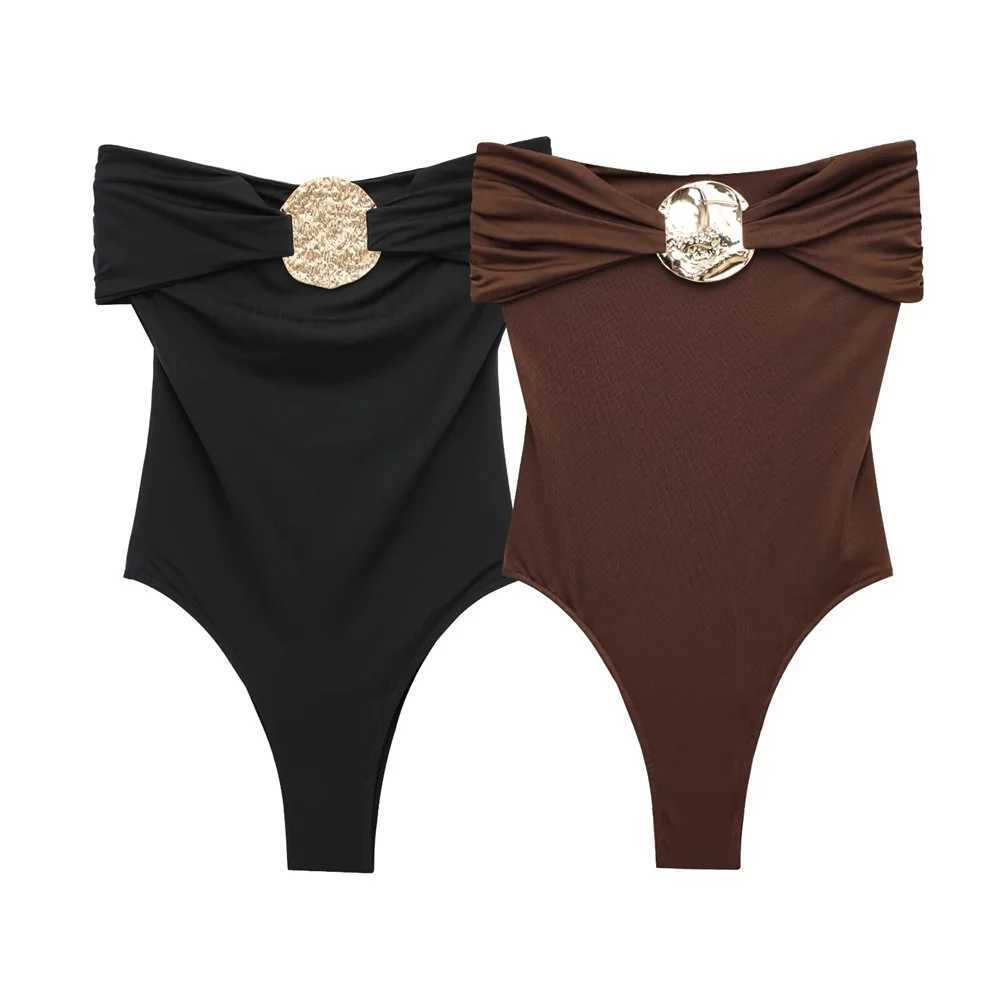 2025 Women Off Shoulder One Piece Swimsuit with Decorative Buckle Stylish Black and Brown Design for Sale on XJ250704-image-1065083556